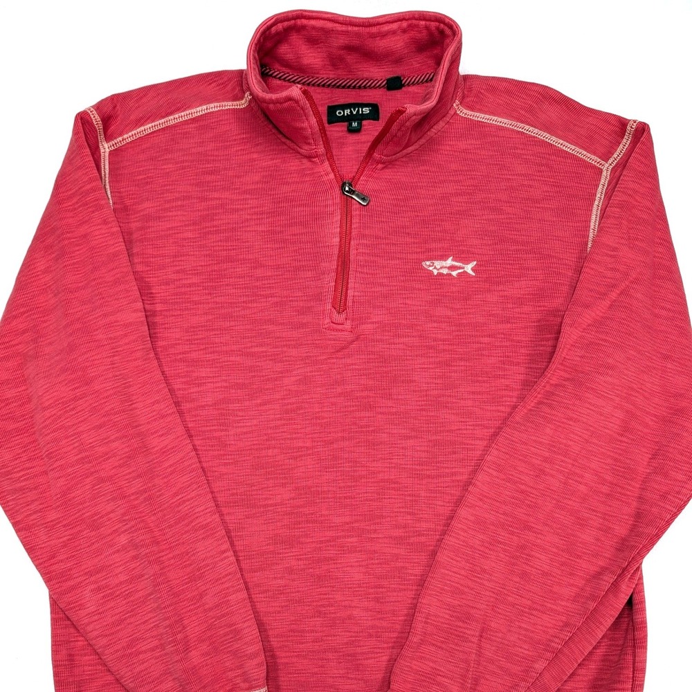 ORVIS Trout Bum Mens Quarter Zip Pullover Sweater M Embroidered Cotton Blend Red